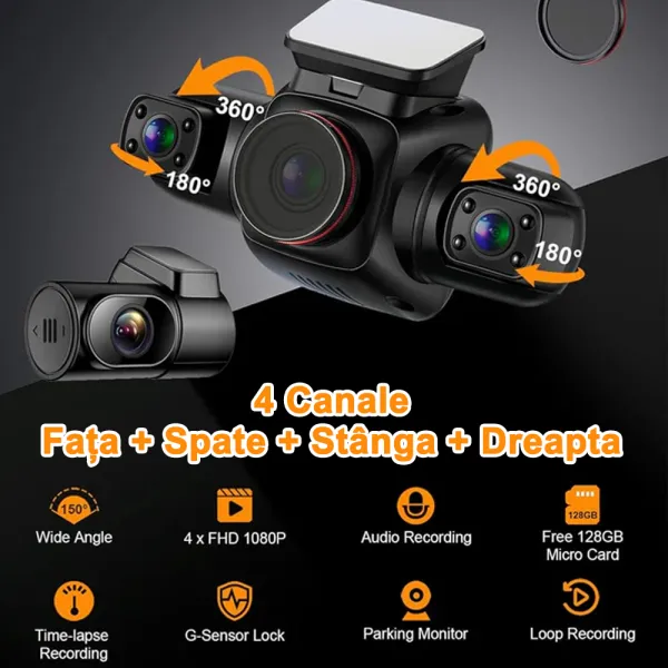 Camera auto de bord cu 4 canale PRUVEEO D90 Mini FHD, WiFi, Night Vision, 150°, ecran LCD 2&quot;, GPS, aplicatie dedicata, G-sensor si monitorizare parcare