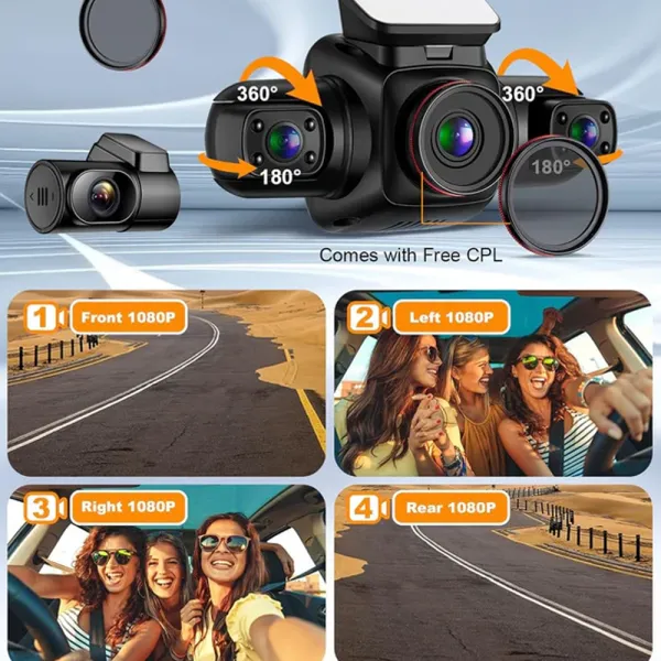 Camera auto de bord cu 4 canale PRUVEEO D90 Mini FHD, WiFi, Night Vision, 150°, ecran LCD 2&quot;, GPS, aplicatie dedicata, G-sensor si monitorizare parcare