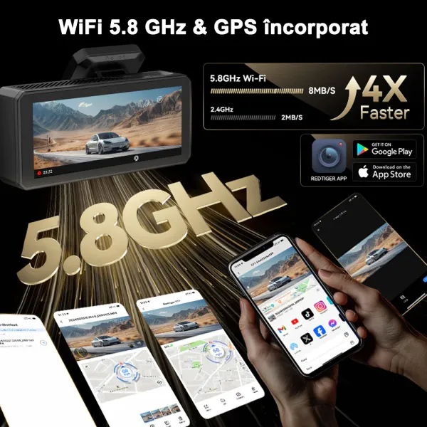 Camera auto de bord fata-spate REDTIGER F77 4K+4K, WiFi, 160°, ecran tactil 4”, GPS, memorie eMMC 128GB, comenzi vocale, mod parcare 24H