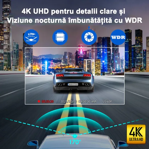 Camera auto de bord REDTIGER F7NS 4K UHD, WiFi, Night Vision, 170°, ecran IPS 3.18&quot;, GPS, aplicatie dedicata, G-sensor si monitorizare parcare