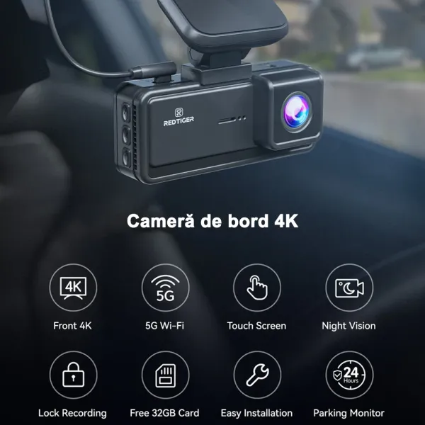 Camera auto de bord REDTIGER F8 4K, WiFi 5G, Night Vision, 160°, ecran tactil 3.18&quot;, GPS, aplicatie dedicata, G-sensor si monitorizare parcare