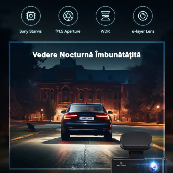 Camera auto de bord REDTIGER F8 4K, WiFi 5G, Night Vision, 160°, ecran tactil 3.18&quot;, GPS, aplicatie dedicata, G-sensor si monitorizare parcare