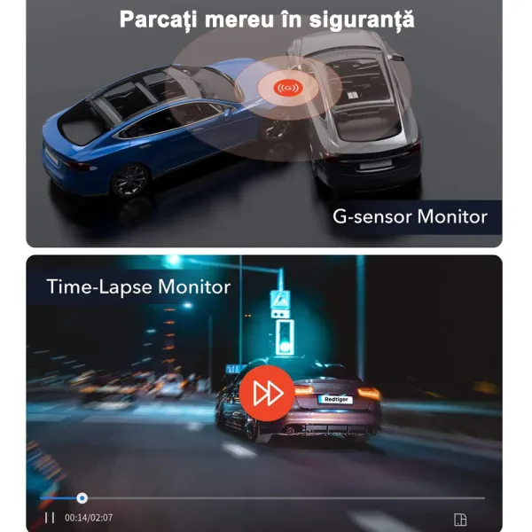 Camera auto de bord duala REDTIGER F9 4K+1080P, WiFi, Night Vision, 170°, GPS