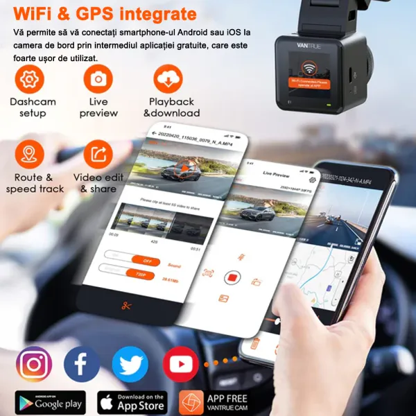 Camera auto de bord Vantrue E1, WiFi 2.7K 1440P HDR/60fps, telecomanda control vocal, Night Vision 160°, ecran 1.54&quot;, GPS, G-sensor si monitorizare parcare