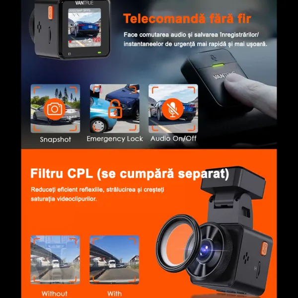 Camera auto de bord Vantrue E1, WiFi 2.7K 1440P HDR/60fps, telecomanda control vocal, Night Vision 160°, ecran 1.54&quot;, GPS, G-sensor si monitorizare parcare