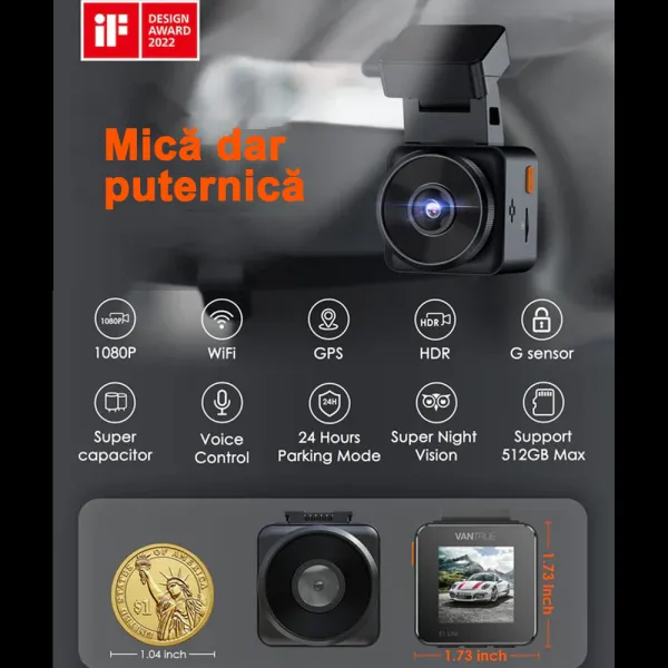 Camera auto de bord Vantrue E1 Lite Mini, WiFi 1080P HDR/30fps, cu control vocal, Night Vision 160°, ecran 1.54&quot;, GPS, G-sensor si monitorizare parcare