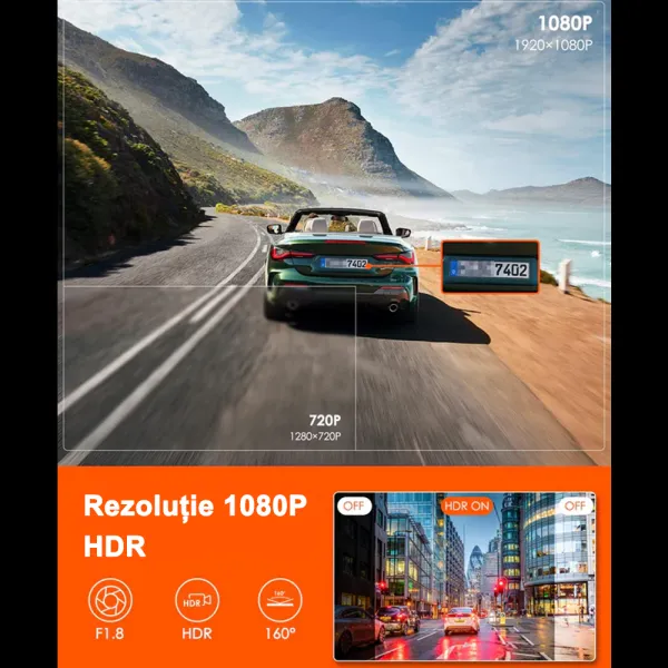 Camera auto de bord Vantrue E1 Lite Mini, WiFi 1080P HDR/30fps, cu control vocal, Night Vision 160°, ecran 1.54&quot;, GPS, G-sensor si monitorizare parcare