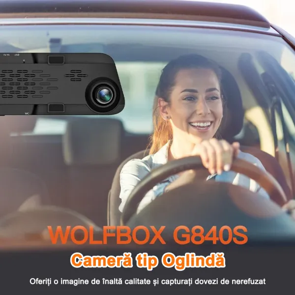 Camera auto tip oglinda, duala fata-spate Wolfbox G840S 2160P, Night Vision, 170°, ecran tactil 12”, GPS, G-Senzor, monitorizare parcare, Card 32GB inclus