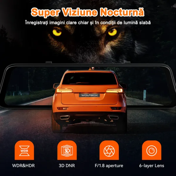 Camera auto tip oglinda fata-spate Wolfbox G850 PRO 4K, WiFi Night Vision, 170°, ecran tactil 12”, GPS, G-Senzor, monitorizare parcare, Card 64GB inclus