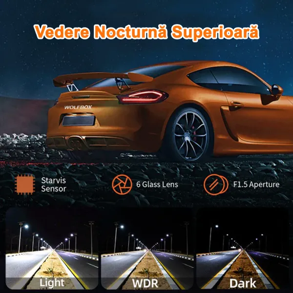 Camera auto de bord Wolfbox i03 2.5K 1600P, WiFi, Night Vision, 170°, ecran 1&quot;, aplicatie dedicata, G-sensor si monitorizare parcare