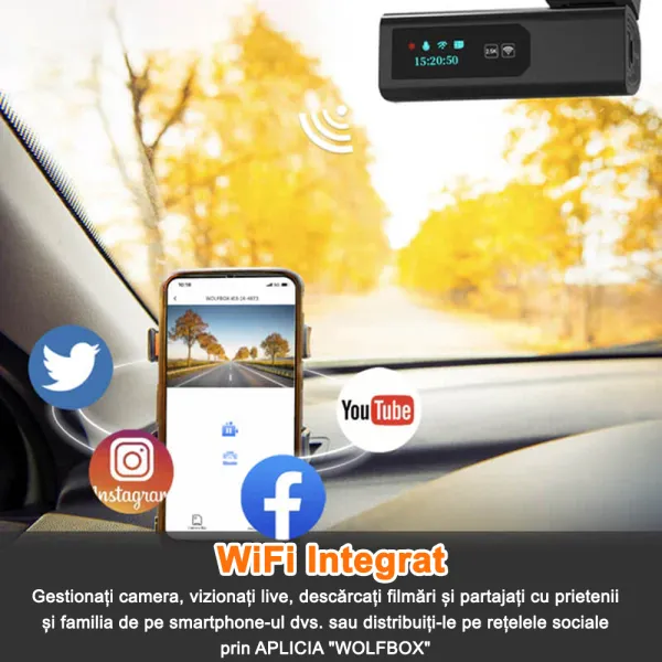 Camera auto de bord Wolfbox i03 2.5K 1600P, WiFi, Night Vision, 170°, ecran 1&quot;, aplicatie dedicata, G-sensor si monitorizare parcare