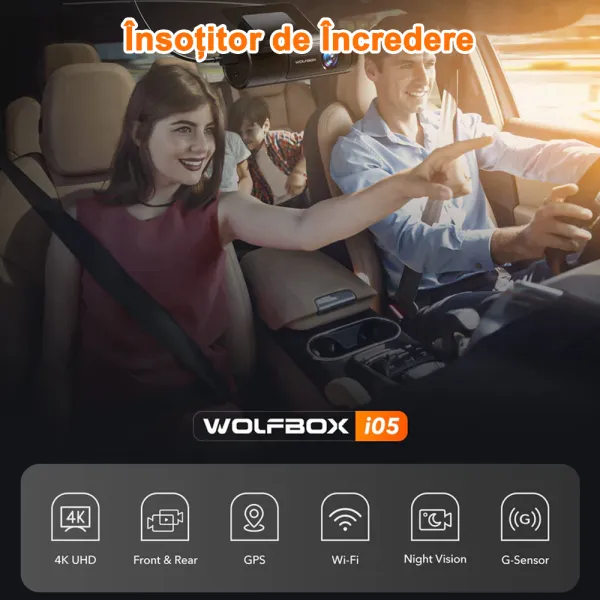Camera auto de bord Wolfbox i05 4K+1080P, WiFi, Night Vision, 170°, GPS, aplicatie dedicata, G-sensor si monitorizare parcare