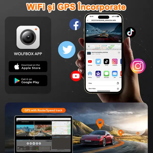 Camera auto de bord Wolfbox i05 4K+1080P, WiFi, Night Vision, 170°, GPS, aplicatie dedicata, G-sensor si monitorizare parcare