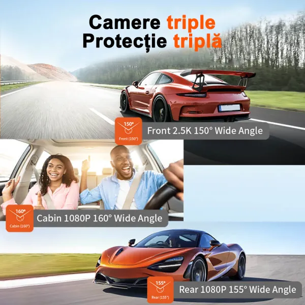 Camera auto de bord Wolfbox i07 4K+1080P, WiFi, Super IR Night Vision, 150°, ecran 3&quot;, GPS, aplicatie dedicata, G-sensor si monitorizare parcare