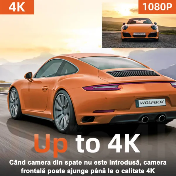 Camera auto de bord Wolfbox i07 4K+1080P, WiFi, Super IR Night Vision, 150°, ecran 3&quot;, GPS, aplicatie dedicata, G-sensor si monitorizare parcare