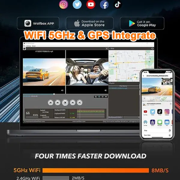 Camera auto de bord Wolfbox i17 cu 3 canale 4K+1080P+1080P, WiFi 5G, Super IR Night Vision, 150°, ecran 3&quot;, GPS, aplicatie dedicata, G-sensor si monitorizare parcare