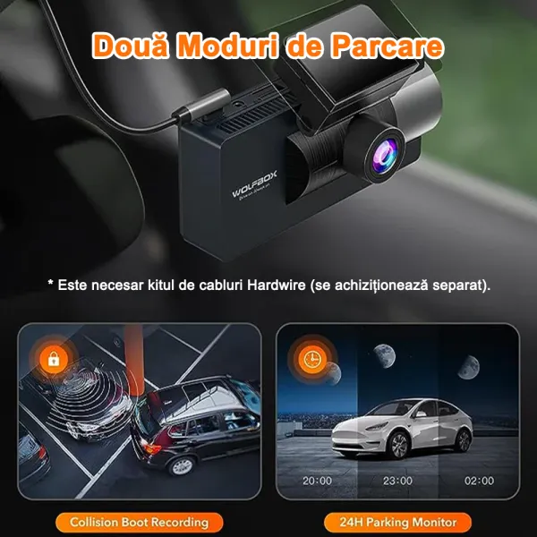 Camera auto de bord Wolfbox i17 cu 3 canale 4K+1080P+1080P, WiFi 5G, Super IR Night Vision, 150°, ecran 3&quot;, GPS, aplicatie dedicata, G-sensor si monitorizare parcare