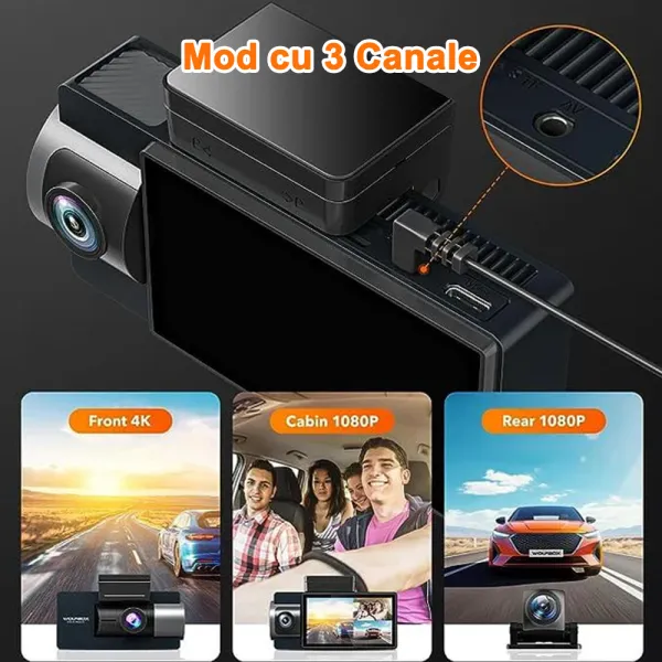 Camera auto de bord Wolfbox i17 cu 3 canale 4K+1080P+1080P, WiFi 5G, Super IR Night Vision, 150°, ecran 3&quot;, GPS, aplicatie dedicata, G-sensor si monitorizare parcare