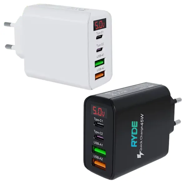 Incarcator rapid 45W cu afisaj LED, 2x USB-C, 2x USB-A, pentru telefon, tableta, GPS, Negru / Alb