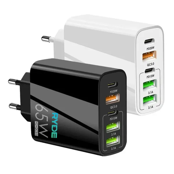 Incarcator auto rapid 65W 2x USB-C, 3x USB-A, pentru telefon, tableta, GPS, Alb /  Negru