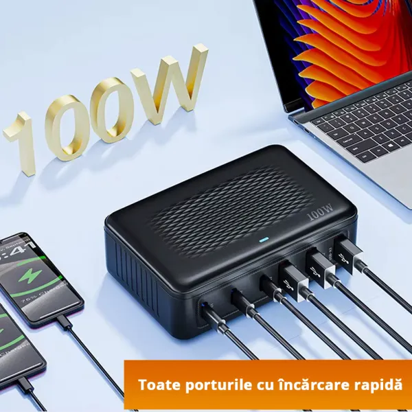 Incarcator rapid USB-C 100W cu 6 porturi incarcare simultana, ideal pentru laptop, tableta, telefon, Alb / Negru
