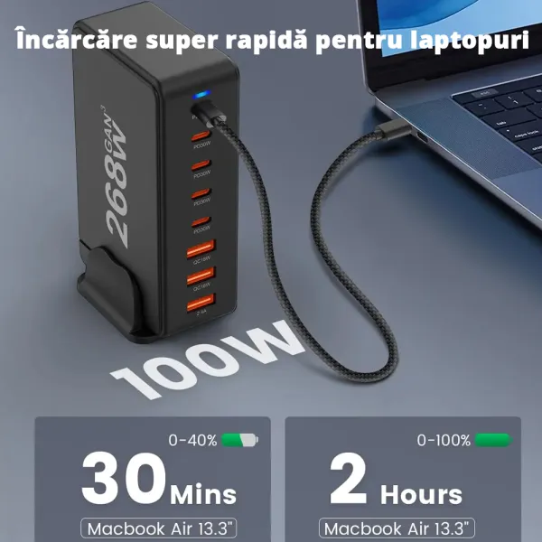 Incarcator rapid USB-C 268W cu 8 porturi (5xUSB-C, 3XUSB-S), ideal pentru laptop, tableta, telefon, Negru / Alb