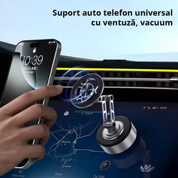 Suport auto telefon universal cu ventuza, vacum cu incarcare USB-C,  rotire 360°, prindere ferma pe parbriz, bord sau ecran