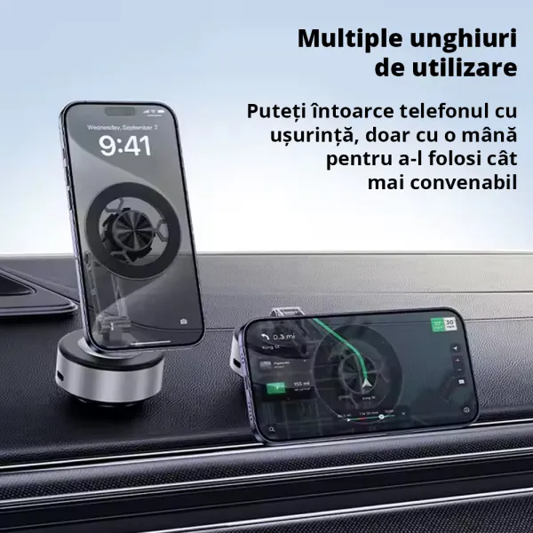 Suport auto telefon universal cu ventuza, vacum cu incarcare USB-C,  rotire 360°, prindere ferma pe parbriz, bord sau ecran