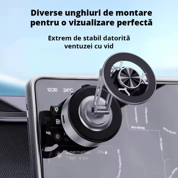 Suport auto telefon universal cu ventuza, vacum cu incarcare USB-C,  rotire 360°, prindere ferma pe parbriz, bord sau ecran