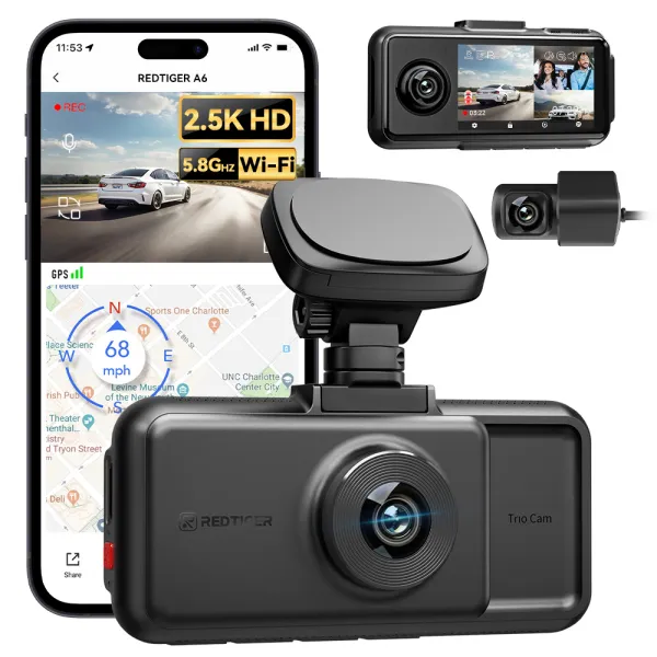 Camera auto de bord tripla REDTIGER A6 2.5K, WiFi, Night Vision, GPS, aplicatie dedicata, G-sensor si monitorizare parcare
