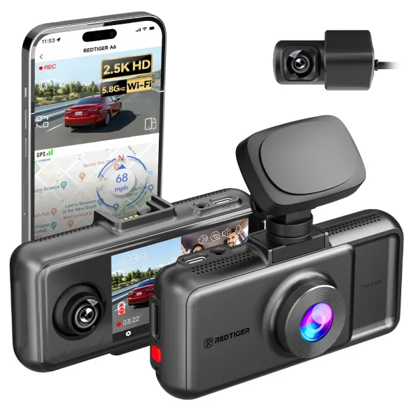 Camera auto de bord tripla REDTIGER A6 2.5K, WiFi, Night Vision, GPS, aplicatie dedicata, G-sensor si monitorizare parcare
