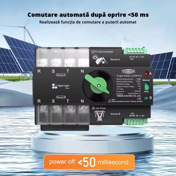 Comutator de transfer automat ATS trifazic pentru transfer retea-panouri fotovoltaice 4P, 220V 100A