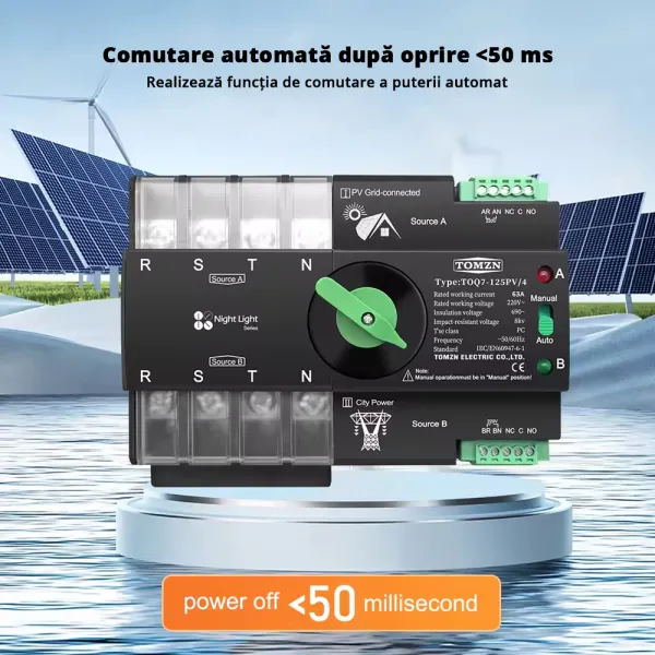 Comutator de transfer automat ATS trifazic pentru transfer retea-panouri fotovoltaice 4P, 220V 63A