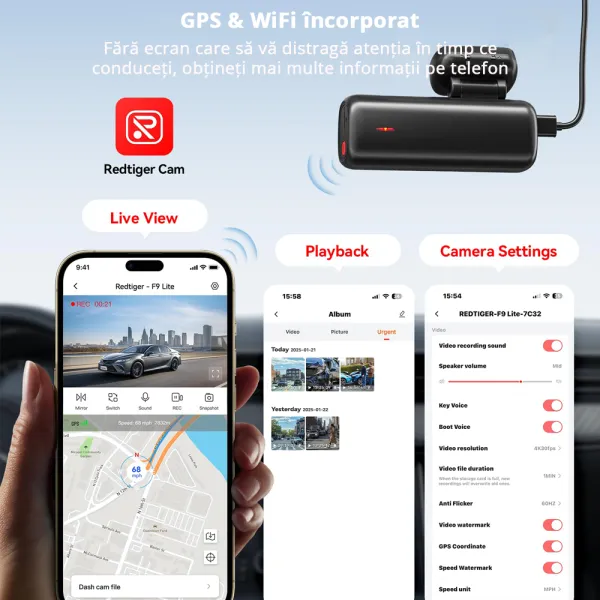 Camera auto de bord REDTIGER F9 Lite 4K, ADAS, WiFi, Night Vision, GPS, aplicatie dedicata, G-senzor si monitorizare parcare