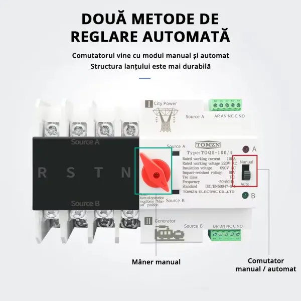 Comutator de transfer automat ATS trifazic pentru transfer retea-generator 4P, 220V 63A