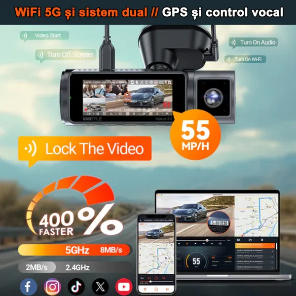 Camera auto Vantrue N5S cu 4 canale, 360°, HDR+WDR, control vocal, Night Vision, GPS, G-sensor si monitorizare parcare
