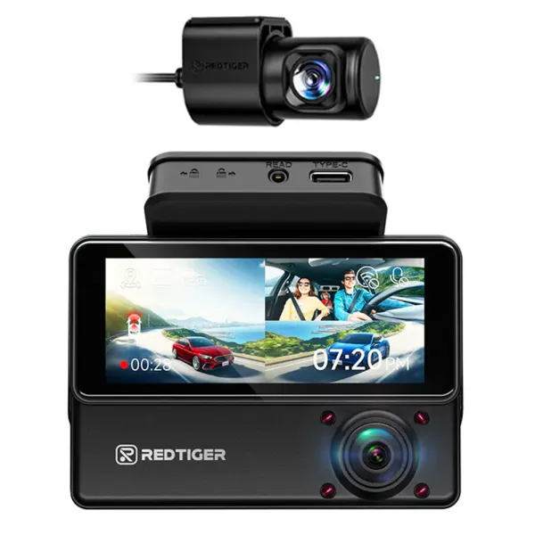 Camera auto de bord cu 3 canale RedTiger VP20 2.5K+2.5K+1080P, WiFi, Night Vision, ecran tactil, 530o, GPS, aplicatie dedicata, G-Sensor si Mod Parcare, card 128GB