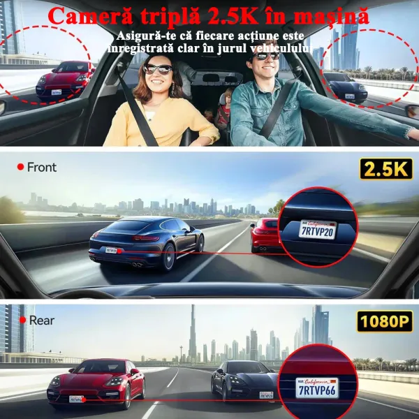 Camera auto de bord cu 3 canale RedTiger VP20 2.5K+2.5K+1080P, WiFi, Night Vision, ecran tactil, 530o, GPS, aplicatie dedicata, G-Sensor si Mod Parcare, card 128GB