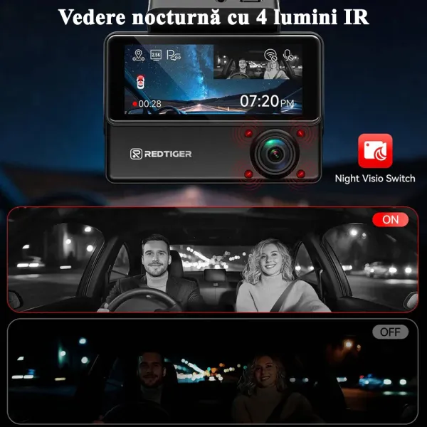 Camera auto de bord cu 3 canale RedTiger VP20 2.5K+2.5K+1080P, WiFi, Night Vision, ecran tactil, 530o, GPS, aplicatie dedicata, G-Sensor si Mod Parcare, card 128GB