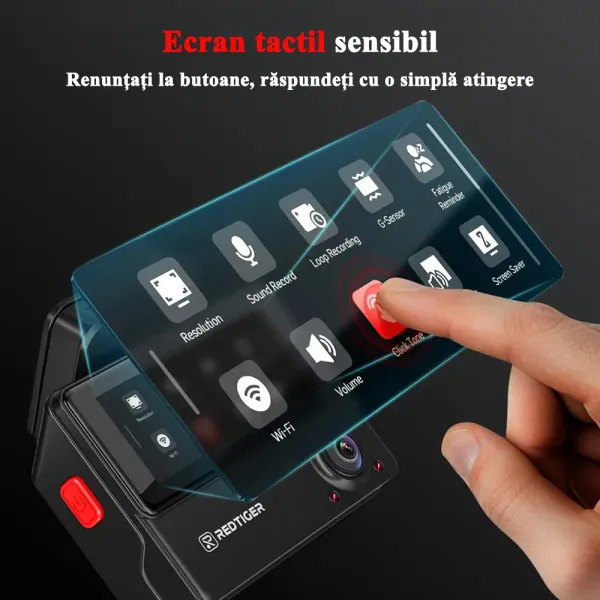 Camera auto de bord cu 3 canale RedTiger VP20 2.5K+2.5K+1080P, WiFi, Night Vision, ecran tactil, 530o, GPS, aplicatie dedicata, G-Sensor si Mod Parcare, card 128GB
