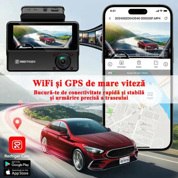 Camera auto de bord cu 3 canale RedTiger VP20 2.5K+2.5K+1080P, WiFi, Night Vision, ecran tactil, 530o, GPS, aplicatie dedicata, G-Sensor si Mod Parcare, card 128GB