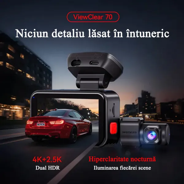 Camera auto de bord cu 2 canale REDTIGER ViewClear 70 4K+2.5K, WiFi, Night Vision, ecran tactil 3”, GPS, aplicatie dedicata, G-sensor si Mod Parcare, card 128GB