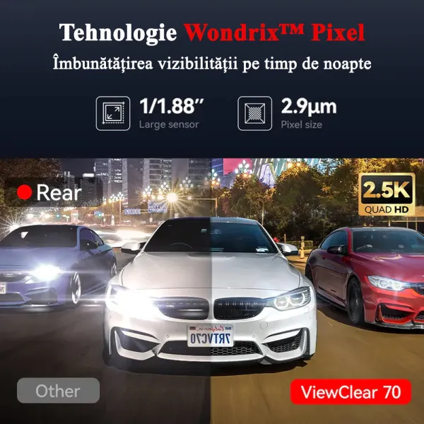 Camera auto de bord cu 2 canale REDTIGER ViewClear 70 4K+2.5K, WiFi, Night Vision, ecran tactil 3”, GPS, aplicatie dedicata, G-sensor si Mod Parcare, card 128GB