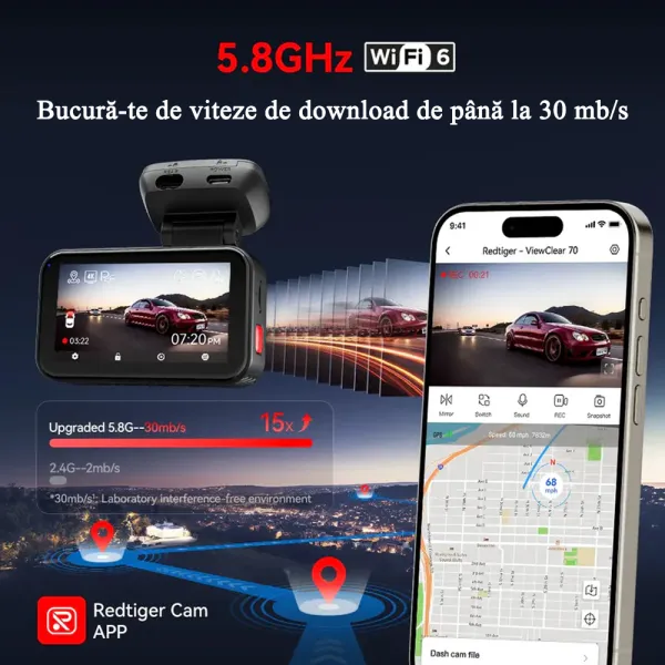 Camera auto de bord cu 2 canale REDTIGER ViewClear 70 4K+2.5K, WiFi, Night Vision, ecran tactil 3”, GPS, aplicatie dedicata, G-sensor si Mod Parcare, card 128GB