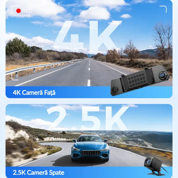 Camera auto tip oglinda fata-spate AZDOME PG17 MAX, 4K+2.5K, WiFi, GPS, Night Vision, 150o, ecran tactil 12", control vocal, monitorizare parcare