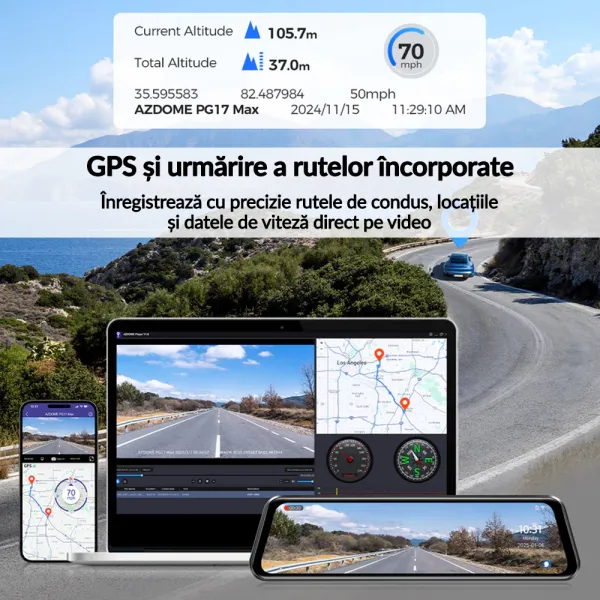 Camera auto tip oglinda fata-spate AZDOME PG17 MAX, 4K+2.5K, WiFi, GPS, Night Vision, 150o, ecran tactil 12", control vocal, monitorizare parcare