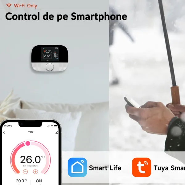 Termostat inteligent WiFi RF433 pentru centrala pe gaz, control prin aplicatie si asistent vocal, posibilitate programare