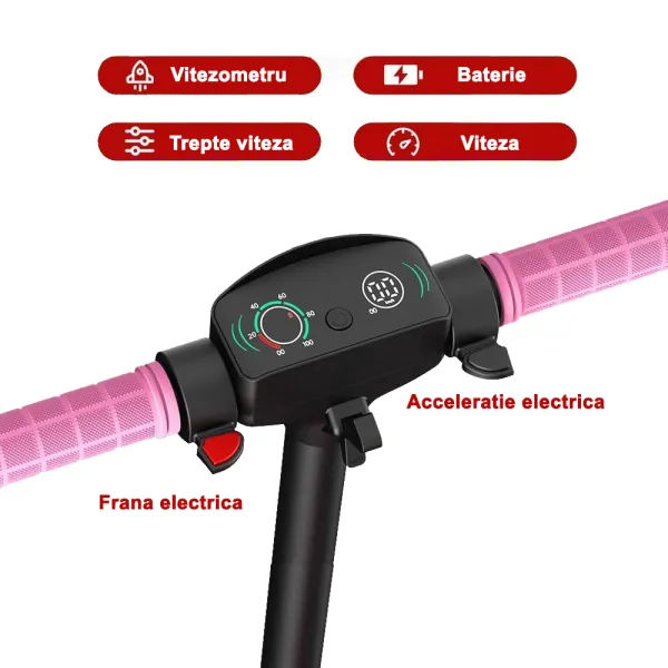Trotineta Electrica Copii RYDE U8, 3 Viteze (8/12/16 km/h), Suspensie Dubla Fata/Spate, Motor 130W, Autonomie 10 km, Pliabila, Roz, 6–12 ani