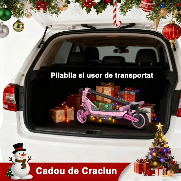 Trotineta Electrica Copii RYDE U8, 3 Viteze (8/12/16 km/h), Suspensie Dubla Fata/Spate, Motor 130W, Autonomie 10 km, Pliabila, Roz, 6–12 ani