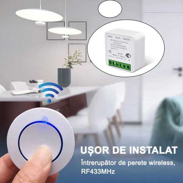 Intrerupator rotund fara fir RF 433MHz, control wireless, compatibil Tuya/Smart Life/Alexa/Google Home